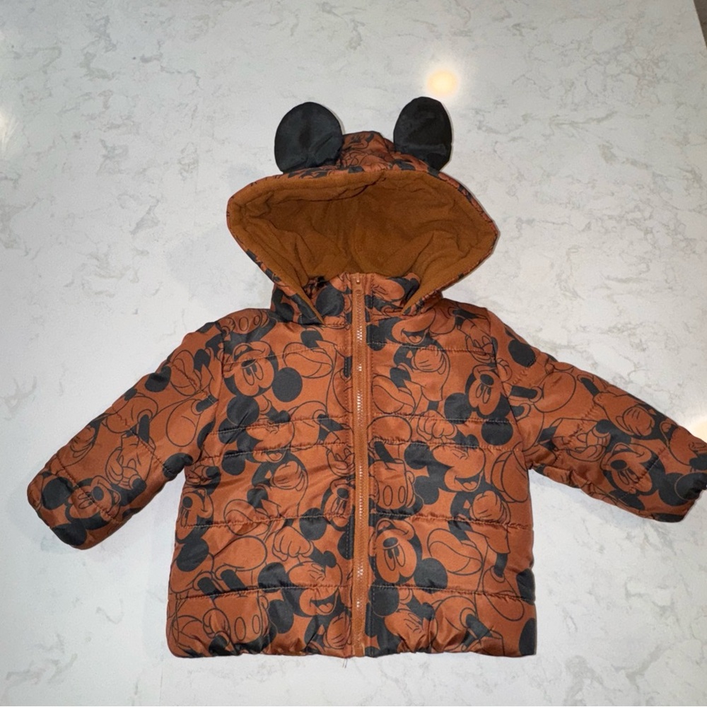 Disney jr. Brown and Black Mickey Mouse Baby Puffer Jacket size 12 mos